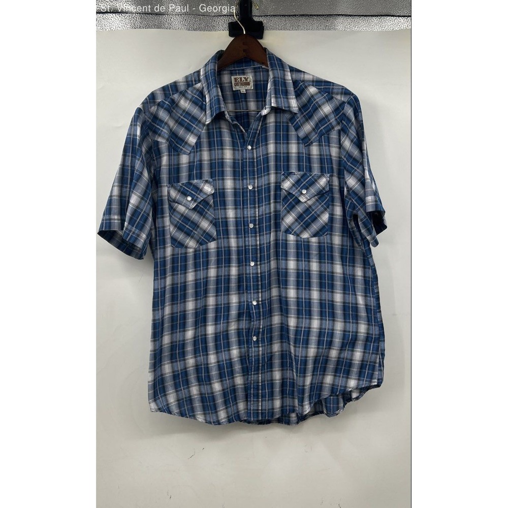 Ely Outerwear Plaid Pearl Snap Shirt Men's XL Blue White